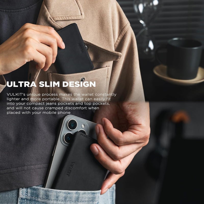 VULKIT Slim Minimalist Card Holder RFID Blocking Leather Credit Card Holder Front Pocket Wallet Magnetic Closure, Handcrafted Cowhide Version - Image 2